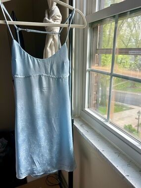 Light Blue Satin Slip Dress w/ Floral Jacquard - SIZE S
